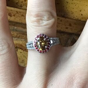 Natural Red Sapphire Yellow Zircon Sterling Silver Gemstone Halo Ring Size 8
